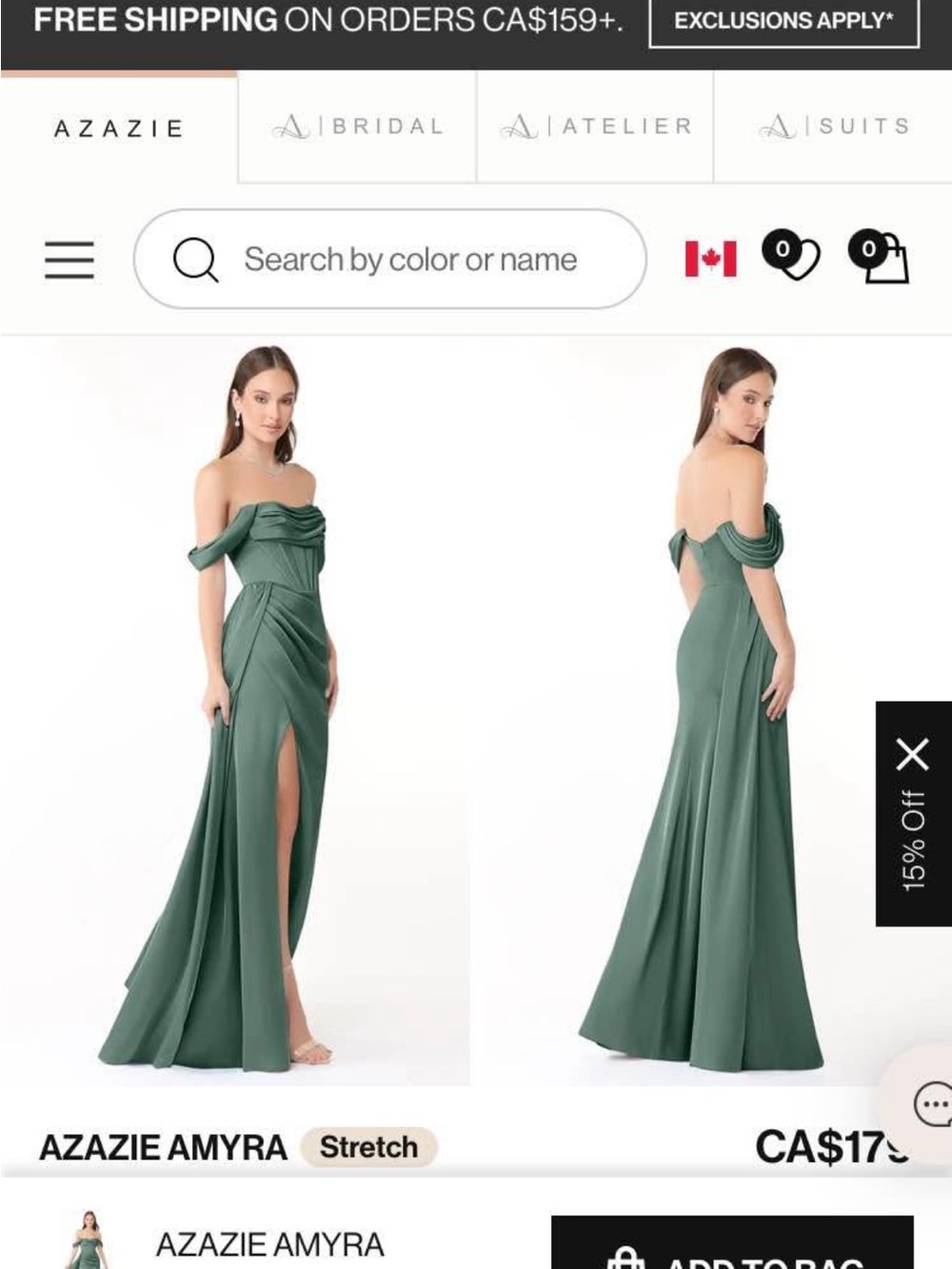 Azazie Amyra Off-Shoulder eucalyptus green bridesmaid dress.